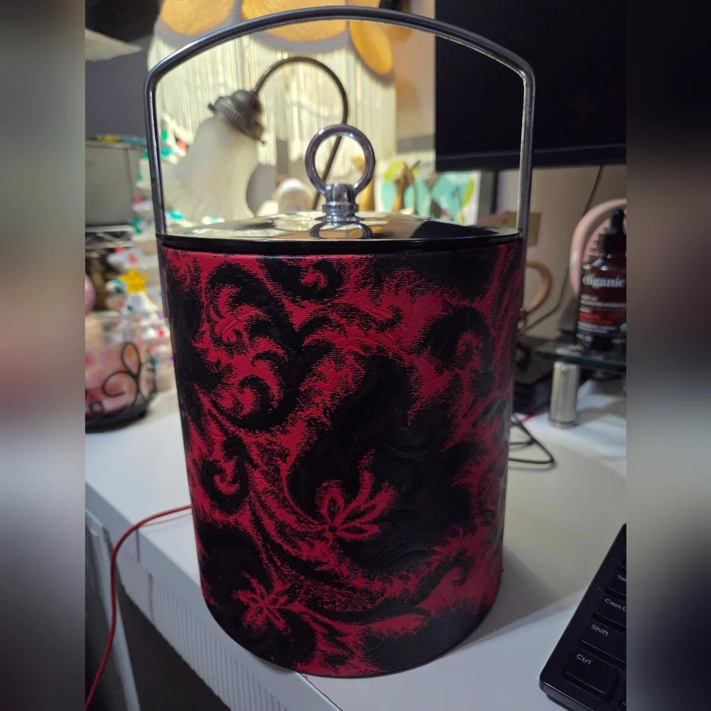 Vintage MCM Thermo Ice Bucket Black & Red, Silver Tone - Very GROOVY! 1960s!!